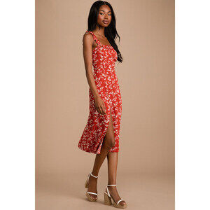 Lulus Garden Date Red Orange Floral Print Ruffle Midi Dress - Size S